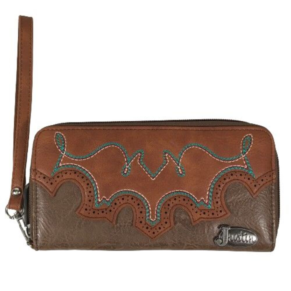 Justin Women Wallet Western Wristlet Clutch Brown Teal Embroidery Zip Around New